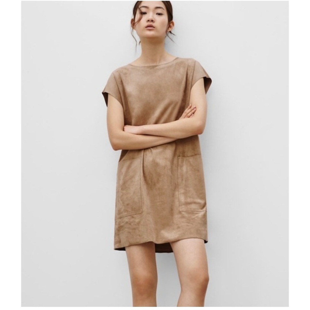 Wilfred Free Aritzia Faux Suede Shift Dress‎ Taupe Brown Mini Pocket XXS